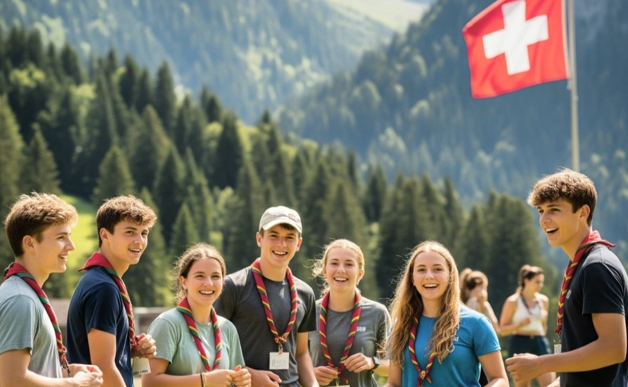 Młodzież na tle gór z flagą szwajcarii